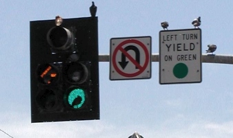 A bird in a stop light, like the Woodstock festival poster