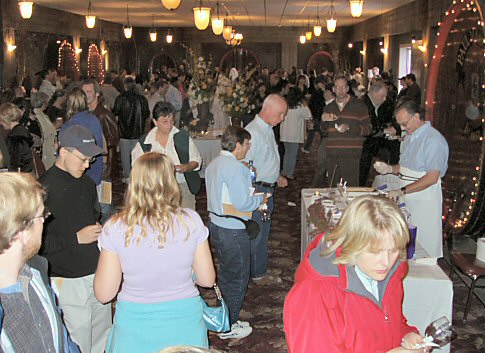 inside Paul Masson winery, filled with people